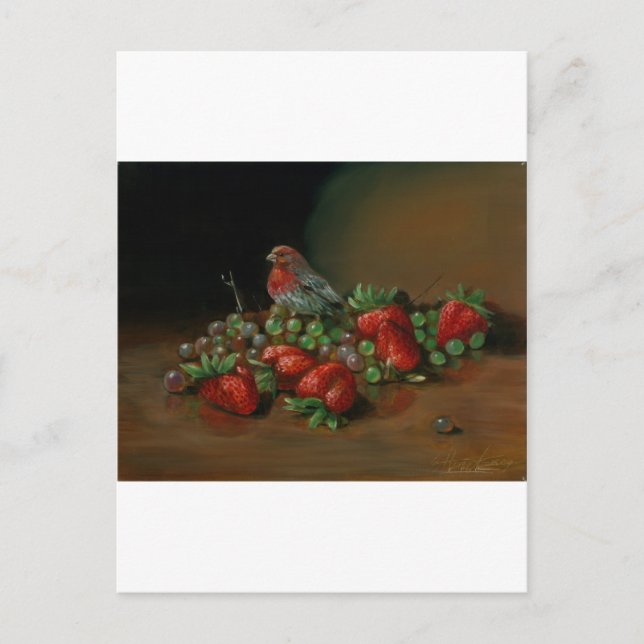 Erdbeeren, Finkenvogel und Früchte Erdbeeren Postkarte (Vorderseite)