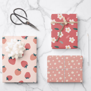 Erdbeeren, Florale und Abstraktes Muster Geschenkpapier Set