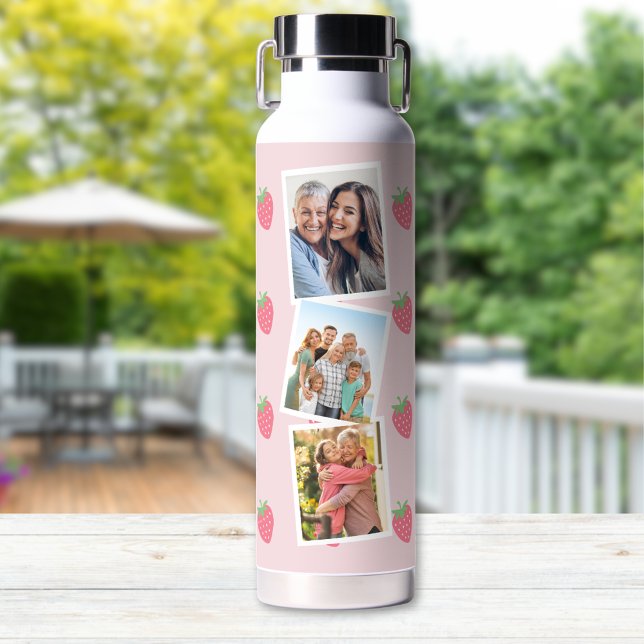 Erdbeeren Foto Collage Water Flasche (Photo Collage Water Bottle gift for mom, pink with cute strawberry pattern and your custom photos)