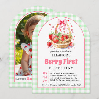 Erdbeeren grün Gingham Beere Erster Geburtstag Einladung
