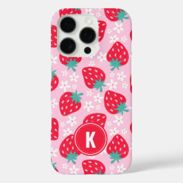 Erdbeeren im Blumenmuster mit Monogramm in Rosa un iPhone 16 Pro Hülle