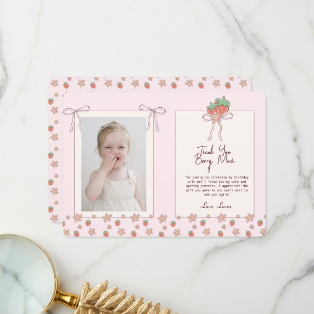 Erdbeeren im Sommer Rosa Band Dankeskarte (Vorderseite/Rückseite Beispiel)