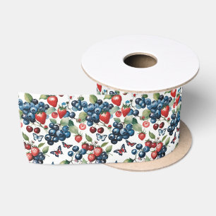 Erdbeeren mit Blaubeeren und Schmetterlingen Satinband