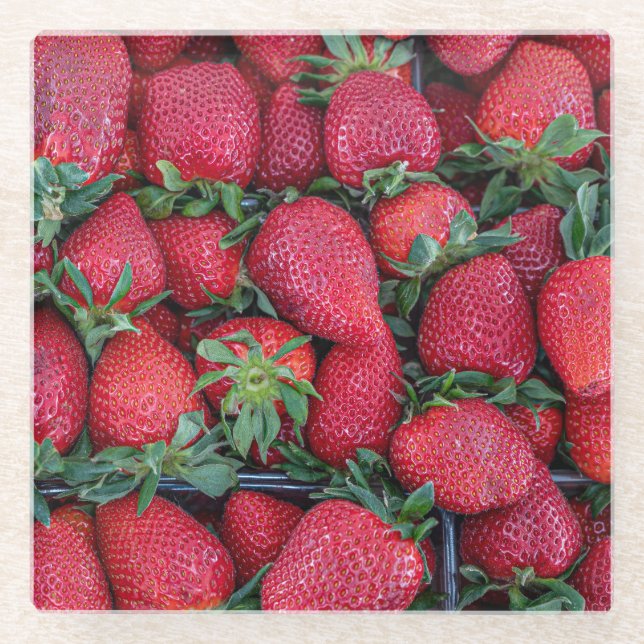 Erdbeeren mit grünen Blätter Glasuntersetzer (Vorderseite)