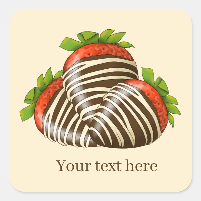 Erdbeeren mit Schokolade fügen Text hinzu Quadratischer Aufkleber (Vorderseite)