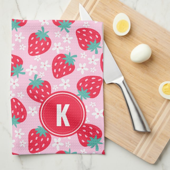 Erdbeeren Pink Rot Florales Muster Monogramm Geschirrtuch (Viertel Falte)