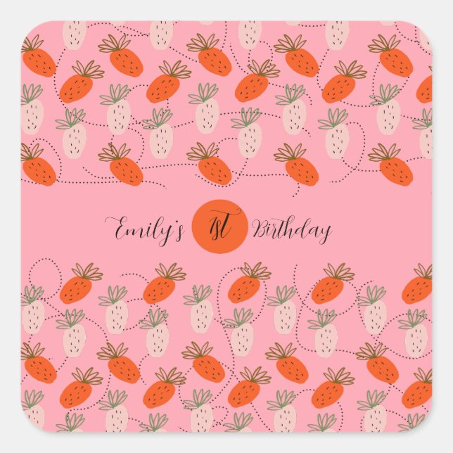 Erdbeeren Pink White Doodle Geburtstag Quadratischer Aufkleber (Vorderseite)
