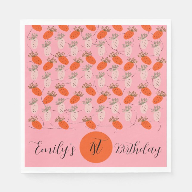 Erdbeeren Pink White Doodle Muster Serviette (Vorderseite)