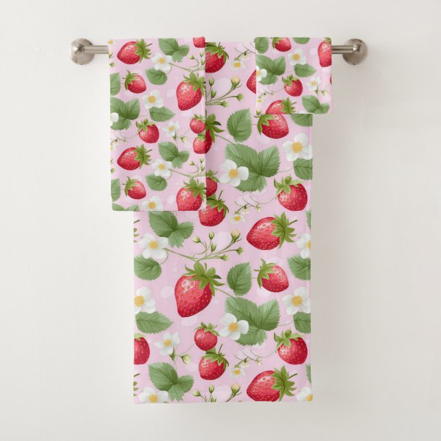 Erdbeeren Rosa Rosa Weiße Blumengrün Badhandtuch Set (Insitu)