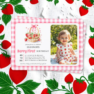 Erdbeeren, rosa Schleife Berry First Geburtstag Fo Einladung