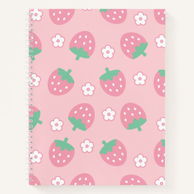 Erdbeeren Rosa Weiße Blume Sakura Kawaii Niedlich Notizbuch (Vorderseite)