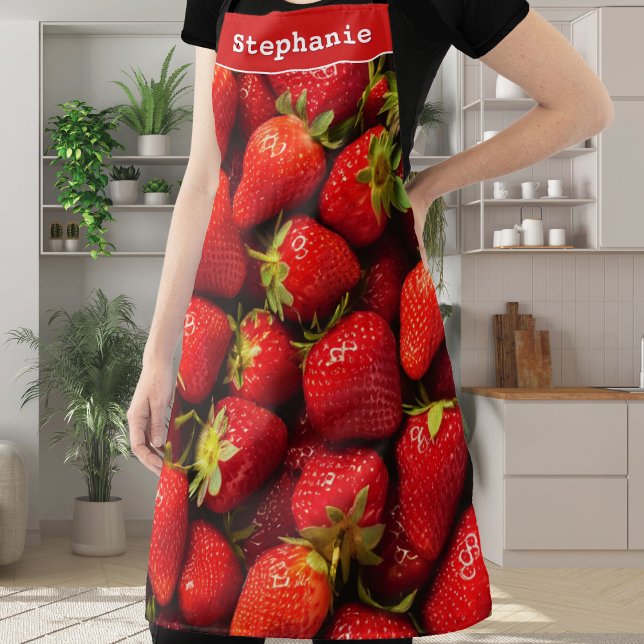 Erdbeeren Rote Beeren Frisches Obst Personalisiert Schürze (An eye-catching kitchen apron with strawberries design and custom name at the top)