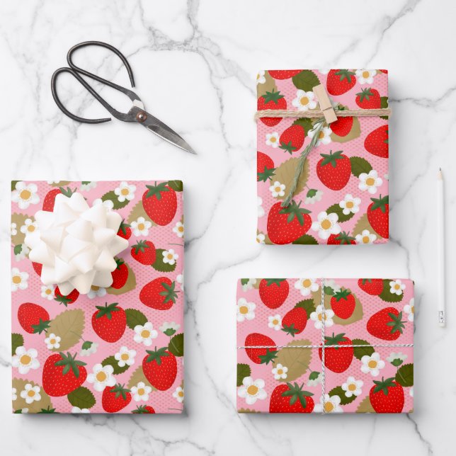 Erdbeeren und Blume Geschenkpapier Set (Vorderseite)