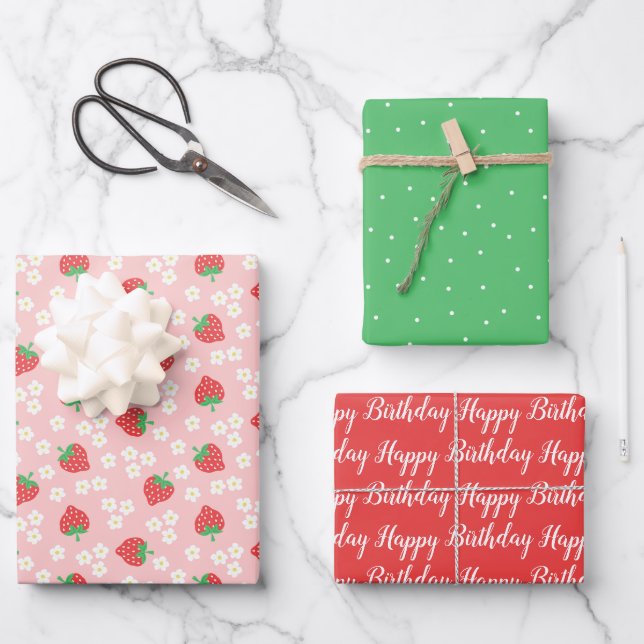 Erdbeeren und Blume Niedliche Muster Geschenkpapier Set (Vorderseite)