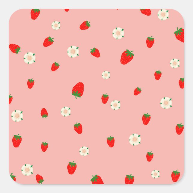 Erdbeeren und Blume Quadratischer Aufkleber (Vorderseite)