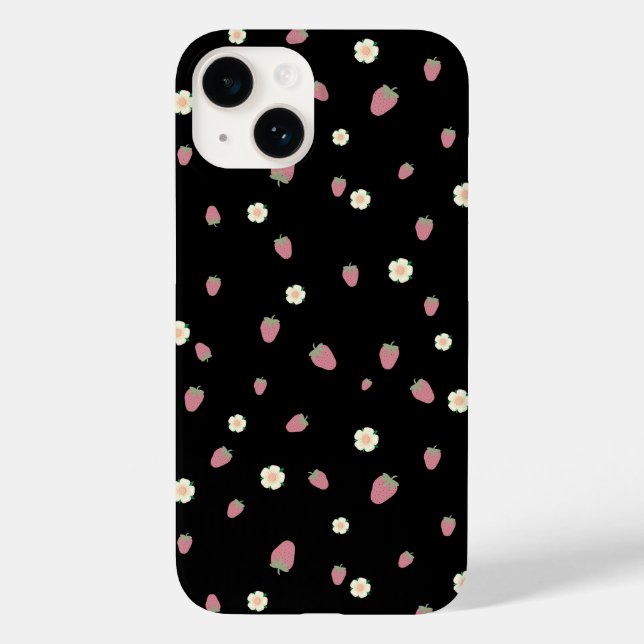 Erdbeeren und Blume Schwarzes Muster Case-Mate iPhone 14 Hülle (Rückseite)