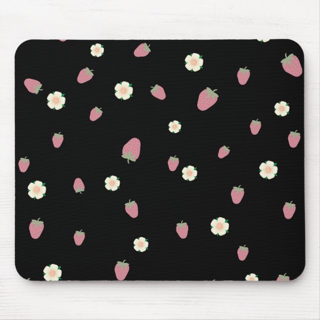 Erdbeeren und Blume Schwarzes Muster Mousepad (Vorne)