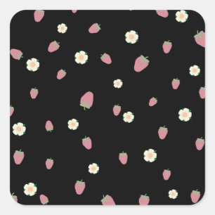 Erdbeeren und Blume Schwarzes Muster Quadratischer Aufkleber
