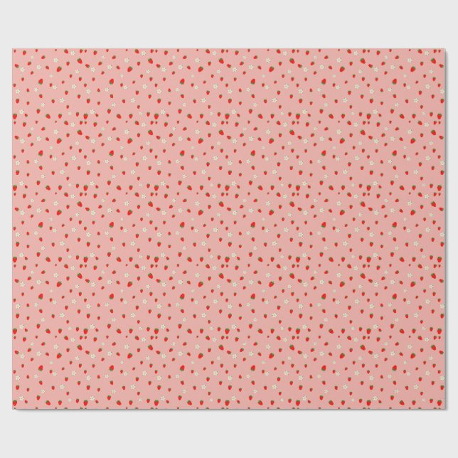 Erdbeeren und Blumen Muster Geschenkpapier (Flach)