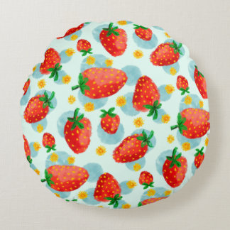 Erdbeeren und Daisies Blaue Wasserfarbe Rundes Kissen