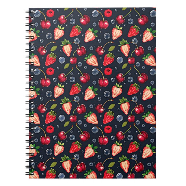 Erdbeeren und Kirschen auf dunklem Hintergrund Notizblock (Vorderseite)