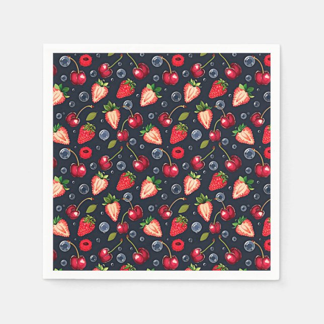 Erdbeeren und Kirschen auf dunklem Hintergrund Serviette (Vorderseite)