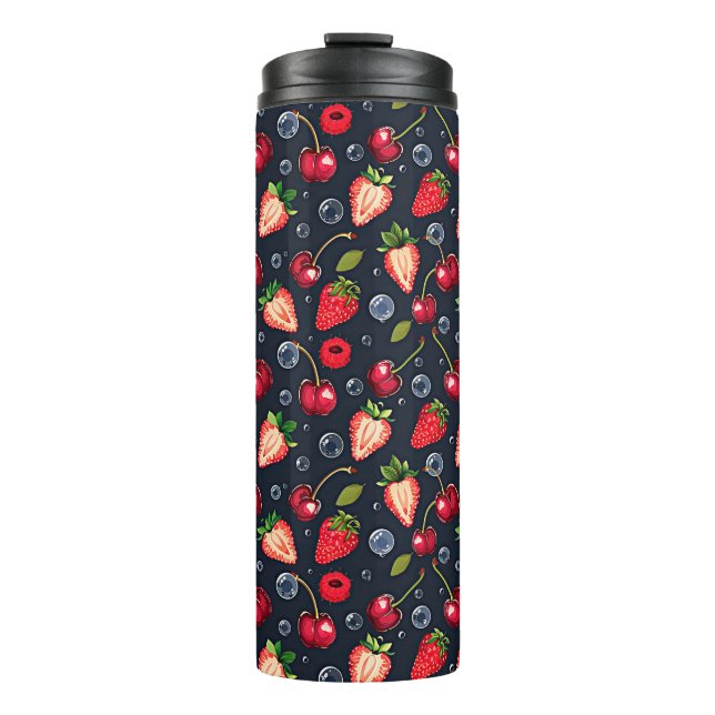 Erdbeeren und Kirschen auf dunklem Hintergrund Thermosbecher (Vorderseite)