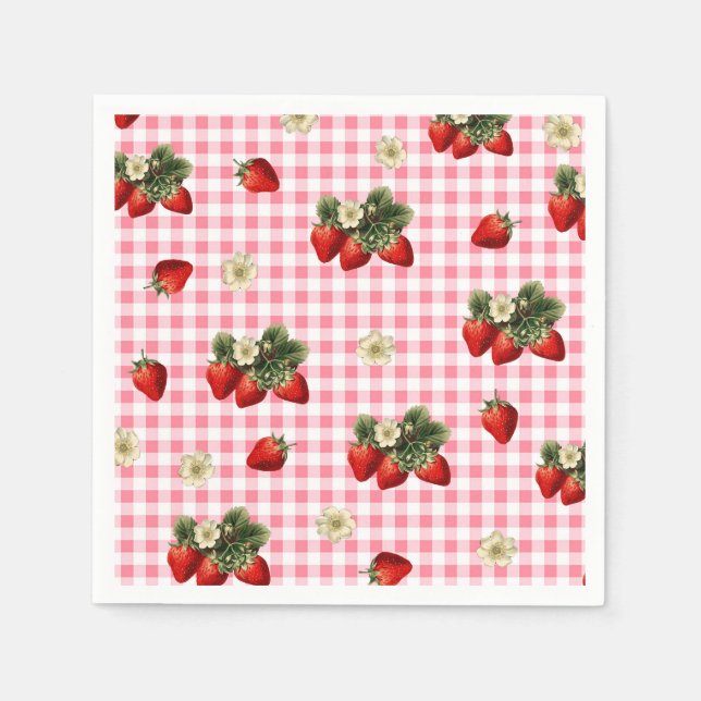 Erdbeeren und niedliche Papierservietten aus Gingh (Vorderseite)