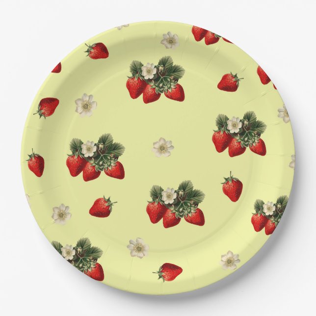 Erdbeeren und niedliche Teller aus gelbem Papier (Vorderseite)
