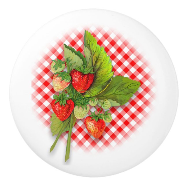 Erdbeeren und Red Gingham Keramikknauf (Vorderseite)