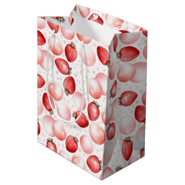 Erdbeeren und rosa Balloons Niedliche Sommergesche Mittlere Geschenktüte (Rückseite Schrägansicht)