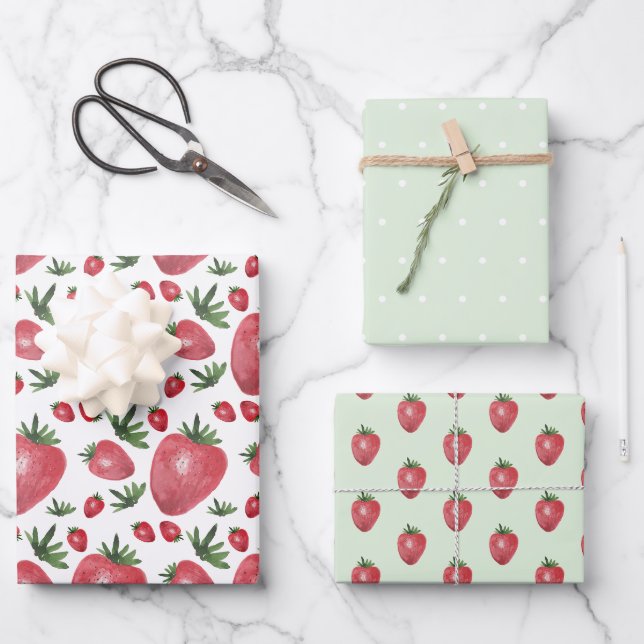 Erdbeeren Wasserfarbe Handgestrichen auf Minze Geschenkpapier Set (Vorderseite)