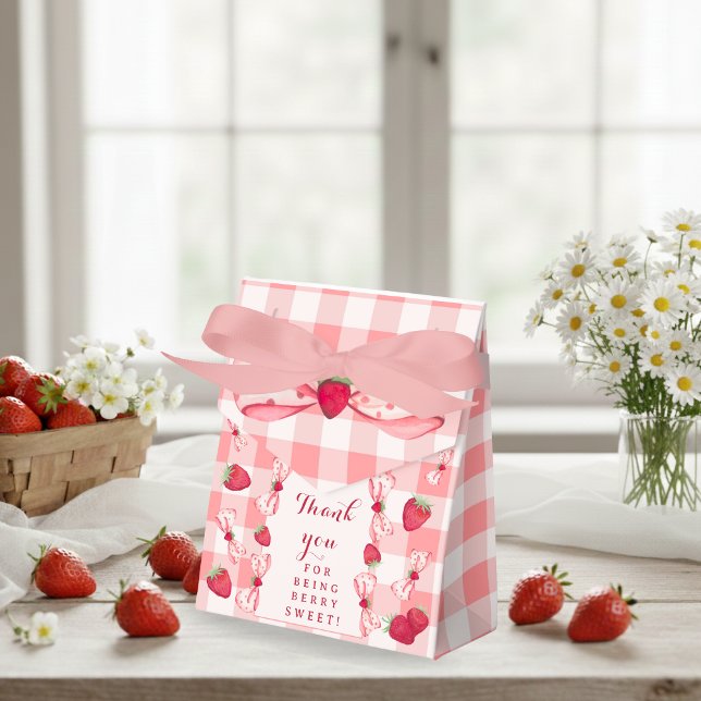Erdbeeren zum ersten Geburtstag rote Gingham-Schle Geschenkschachtel (Berry First Birthday Red Gingham Bows Square Favor Boxes-Tent 4x2x5)