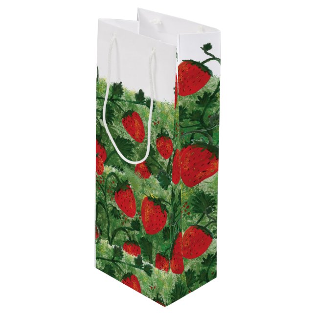 Erdbeerfeld Geschenktüte Für Weinflaschen (Vorderseite Schrägansicht)