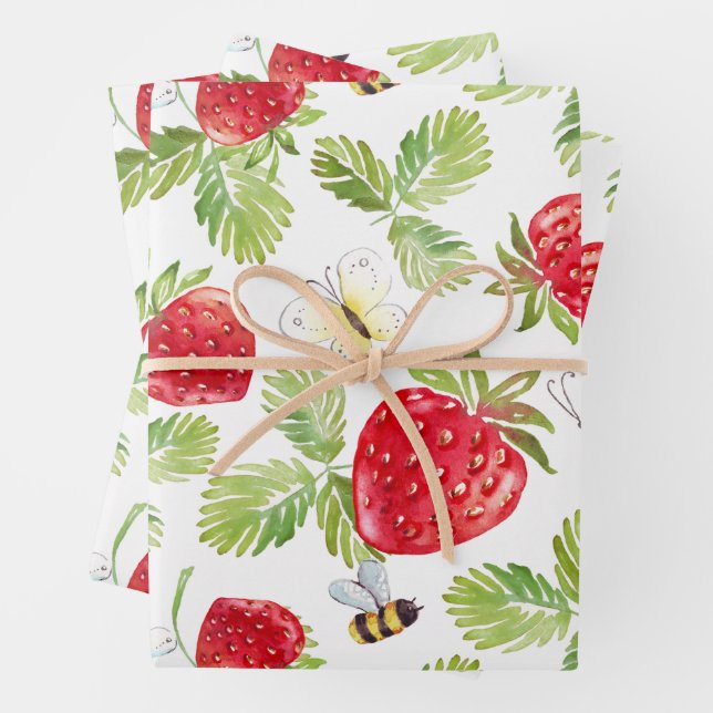 Erdbeerfrüchte, Bienen und Schmetterlinge Geschenkpapier Set (Beispiel)