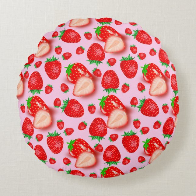 Erdbeerfrüchte in rosa Farbe Rundes Kissen (Vorderseite)