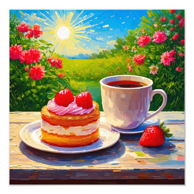 Erdbeerkuchen und Kaffee Freude Fotodruck (Vorne)