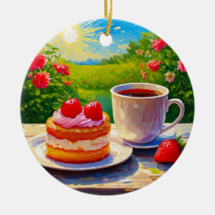 Erdbeerkuchen und Kaffee Freude Keramik Ornament