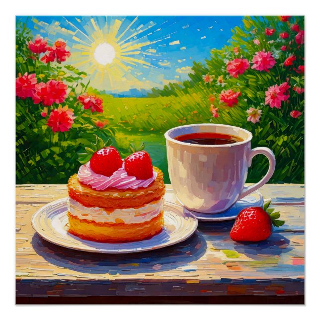 Erdbeerkuchen und Kaffee Freude Poster (Vorderseite)
