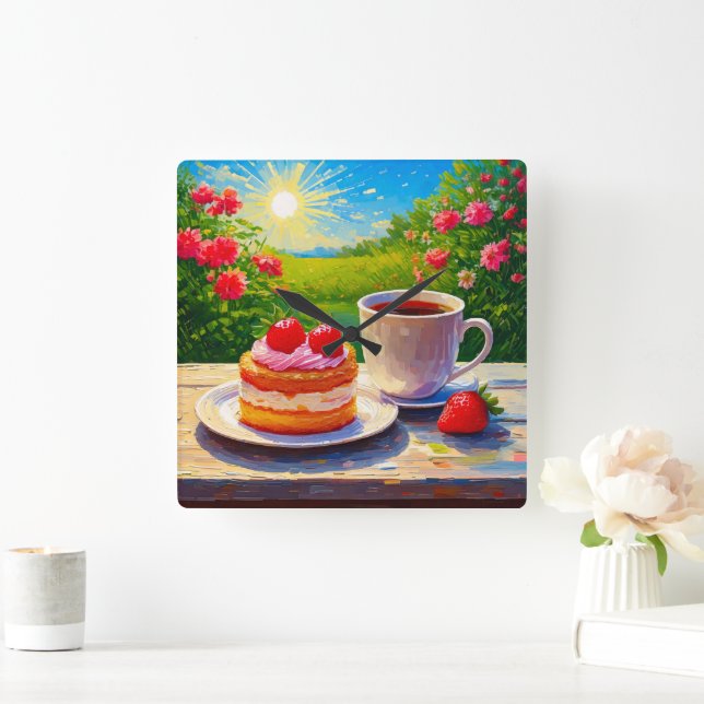 Erdbeerkuchen und Kaffee Freude Quadratische Wanduhr (Zuhause)