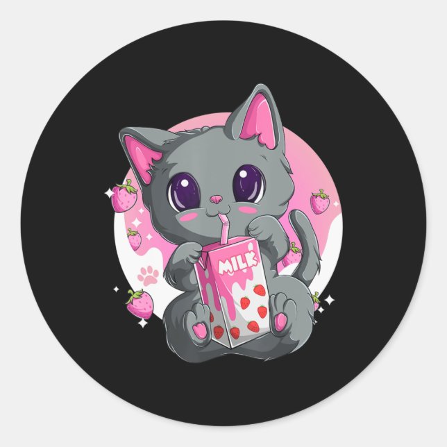 Erdbeermilch für Frauen Mädchen Kawaii Anime Katze Runder Aufkleber (Vorderseite)