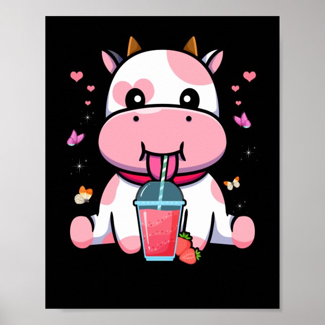 Erdbeermilch Niedlich Kawaii Ästhetik Rosa Kuh Poster (Vorne)
