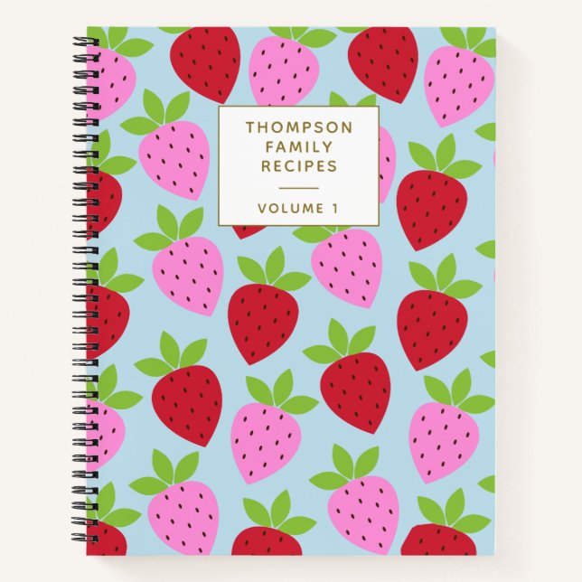 Erdbeermuster Blau Pink Personalisierte Rezepte Notizbuch (Vorderseite)