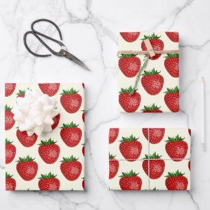 Erdbeermuster, Rote Erdbeeren, Obst, Leaf Geschenkpapier Set