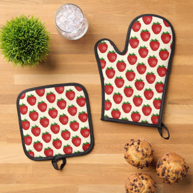 Erdbeermuster, Rote Erdbeeren, Obst, Leaf Ofenhandschuh & Topflappen-Set (Oben Unten)