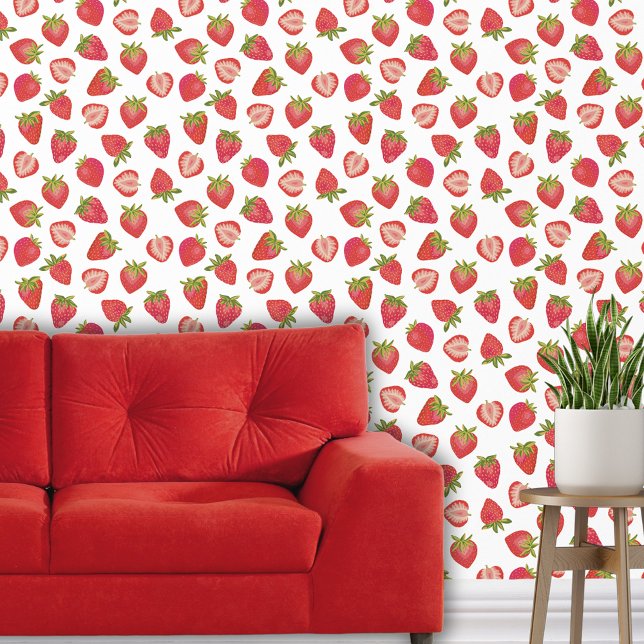 Erdbeerobst Tapete (Strawberry pattern red wallpaper)