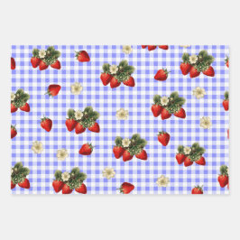 Erdbeerpapier auf blauem Gingham Geschenkpapier Set