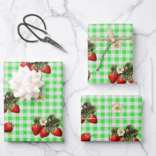Erdbeerpapier auf grünem Gingham Geschenkpapier Set