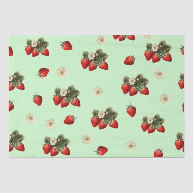 Erdbeerpapier mit Blüten auf grün Seidenpapier (Vorderseite)