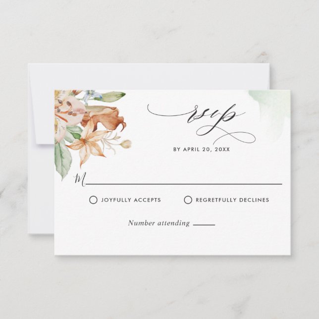 Erdblüten, grüne Aquarellsteine, Hochzeitssänger RSVP Karte (Vorderseite)